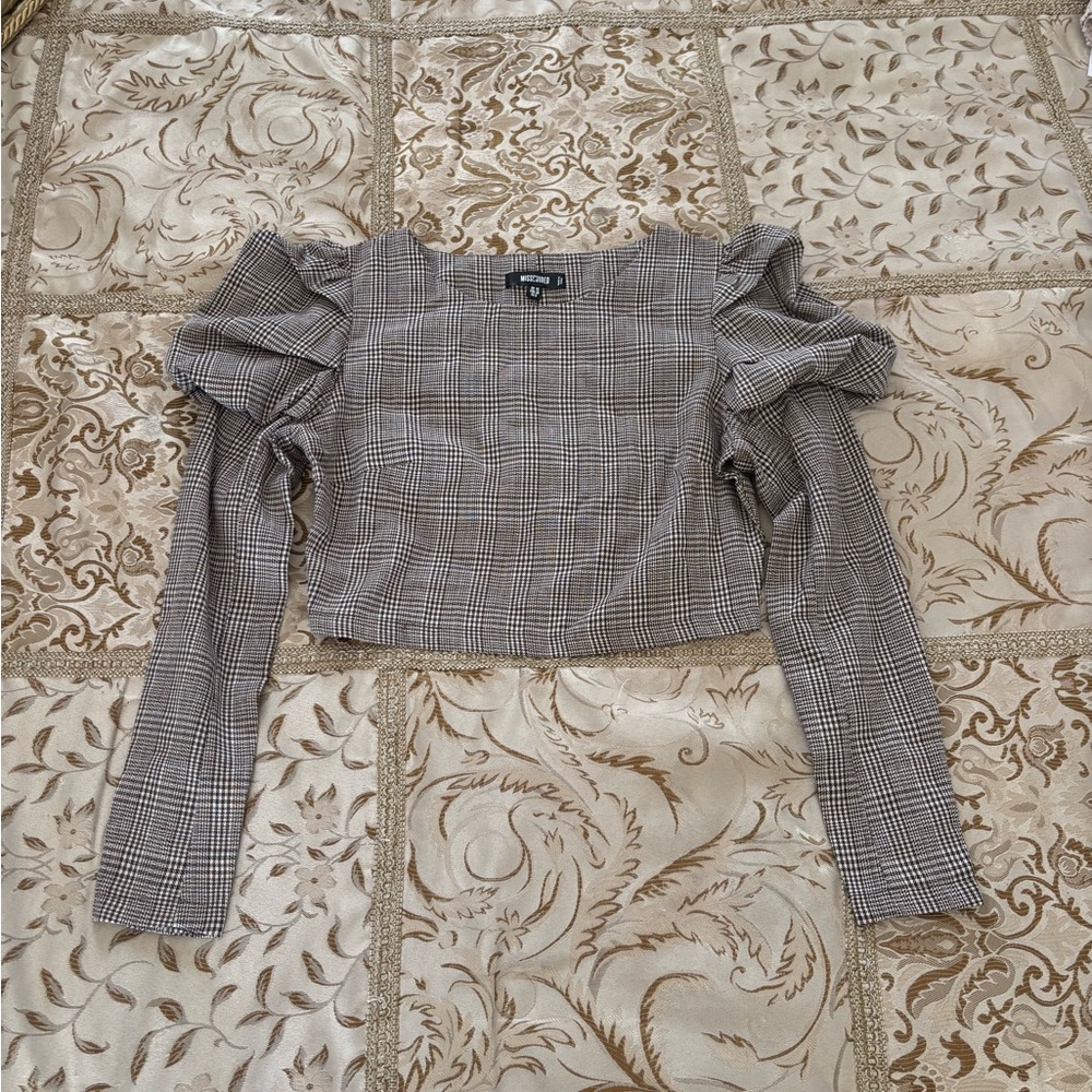 Missguided + Gray/Brown Checkered Ruffle Sleeve Blouse